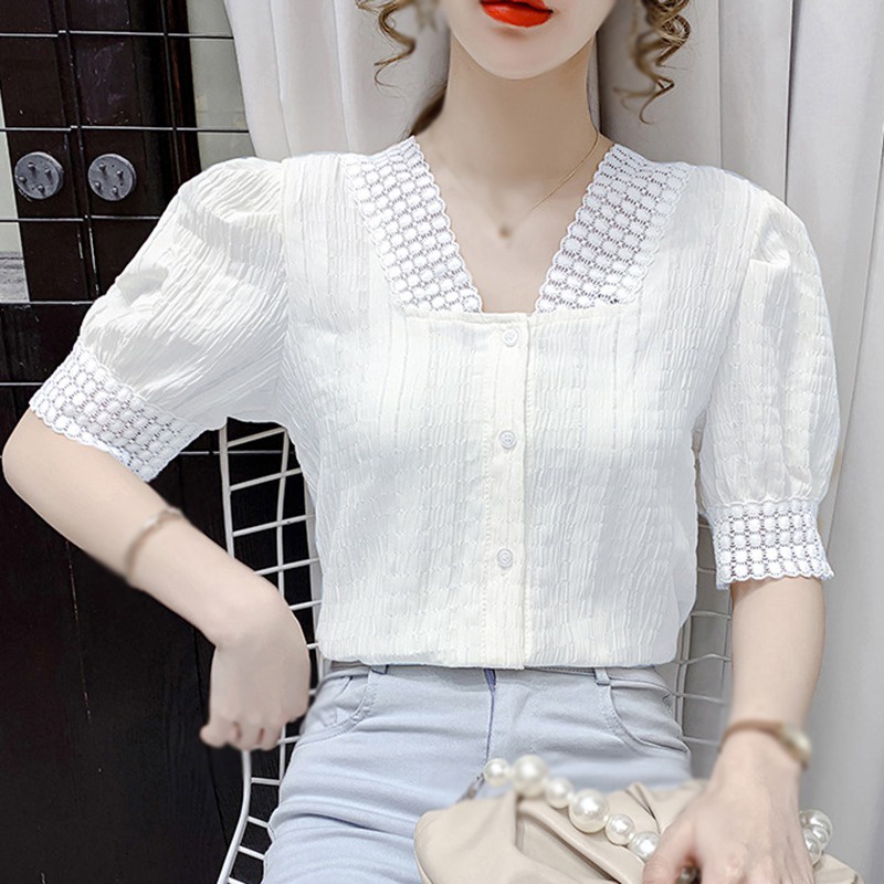 Áo Sơ Mi Nữ Cổ Chữ V Tay Phồng Xếp Ly Dáng Rộng Thanh Lịch