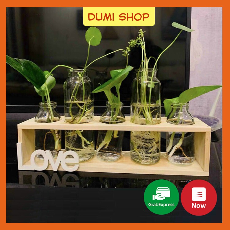 Bộ 5 bình hoa thủy tinh kèm kệ gỗ chữ Love tặng dây bố trang trí - Lọ hoa decor Dumi Shop