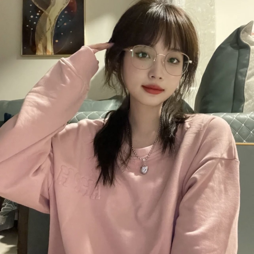 Phụ Nữ Nhỏ Nhắn [Chữ Lõm] Áo Sweater Cổ Tròn Nhỏ Màu Hồng Phong Cách Harajuku BF