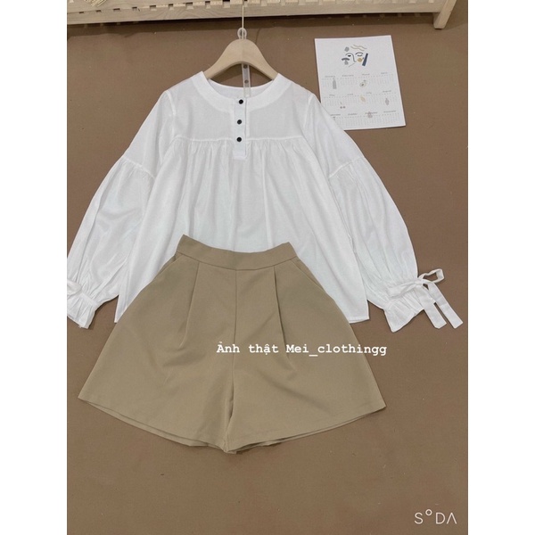 [Ảnh thật/video] Set áo sơmi babydoll bánh bèo và quần sooc nâu dày dặn/ Áo sơ mi nơ tay