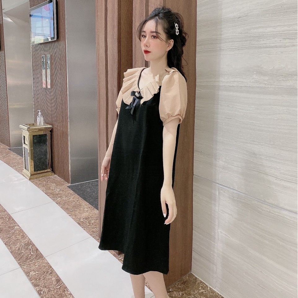 váy suông cổ hoa bèo đính nơ chất đũi bầu bí bon chen thoải mái