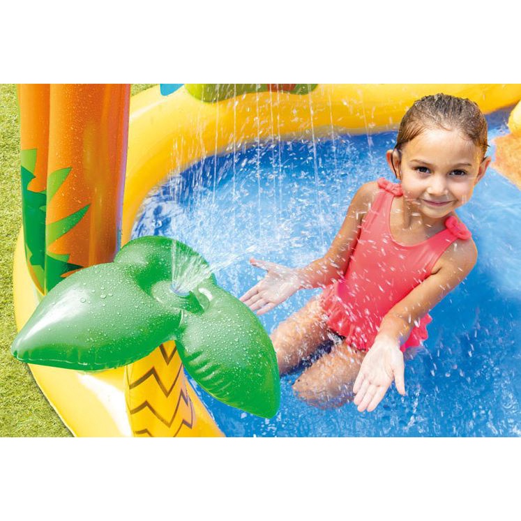 Bể bơi trẻ em phao bể bơi cầu trượt cho bé mẫu khủng long núi lửa phun nước