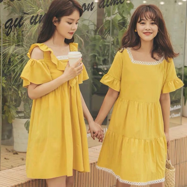 Đầm váy vàng viền ren 2 kiểu (kèm hình thật)