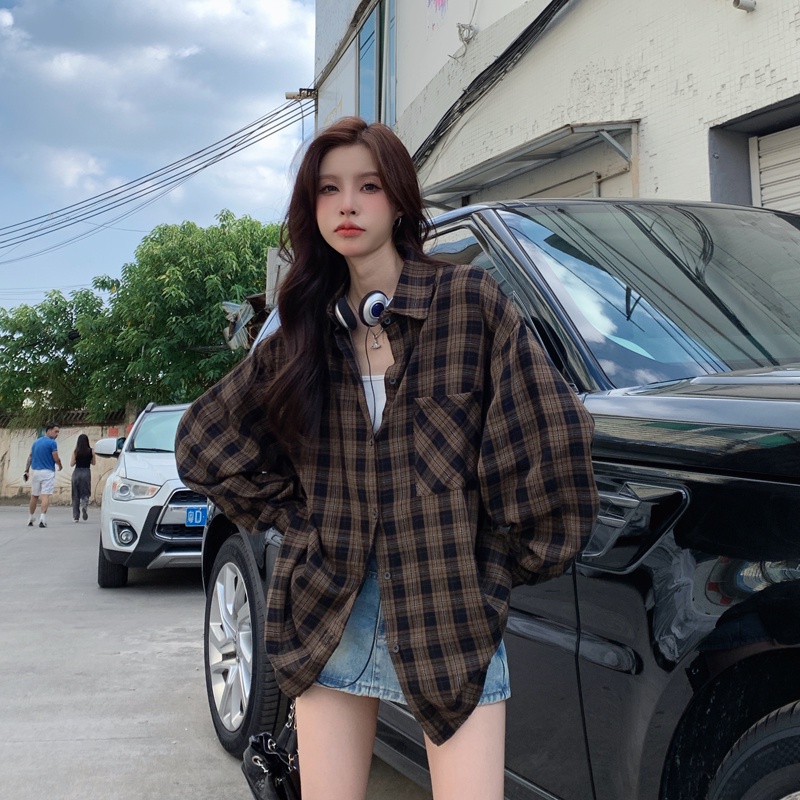 SUXI Áo Sơ Mi Tay Dài Dáng Ôm Sọc Ca Rô Thời Trang Trẻ Trung Cho Nam Nữ