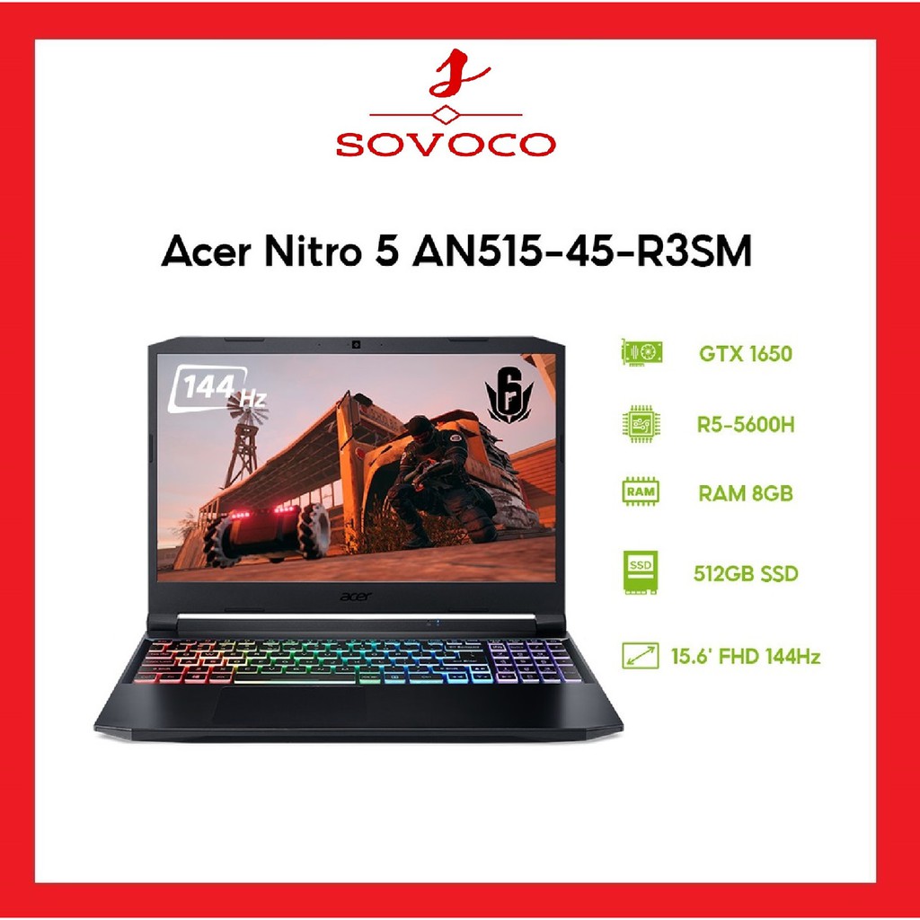 Laptop Acer Gaming Nitro 5 AN515-45-R3SM (NH.QBMSV.005) (Ryzen 5 5600H /8GB Ram/512GB SSD/GTX1650 4G/15.6 inch FHD 144Hz