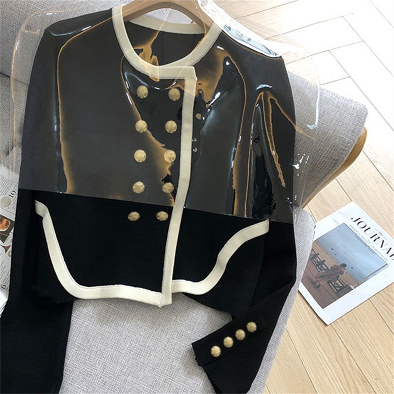 Áo Sweater Dệt Kim Cổ Tròn Hai Hàng Nút Phối Màu Sắc Tương Phản Phong Cách Hàn Quốc Thời Trang Mùa Thu Cho Nữ