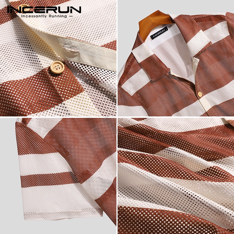 INCERUN Áo Sơ Mi Tay Ngắn Họa Tiết Kẻ Sọc Nhiều Màu Sắc Thiết Kế Thoải Mái Thời Trang Cho Nam