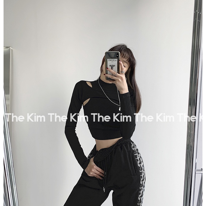 Áo thun tăm dài tay cổ cao khoét nách dáng croptop , thun gân cổ 3 phân ôm body The Kim AD122