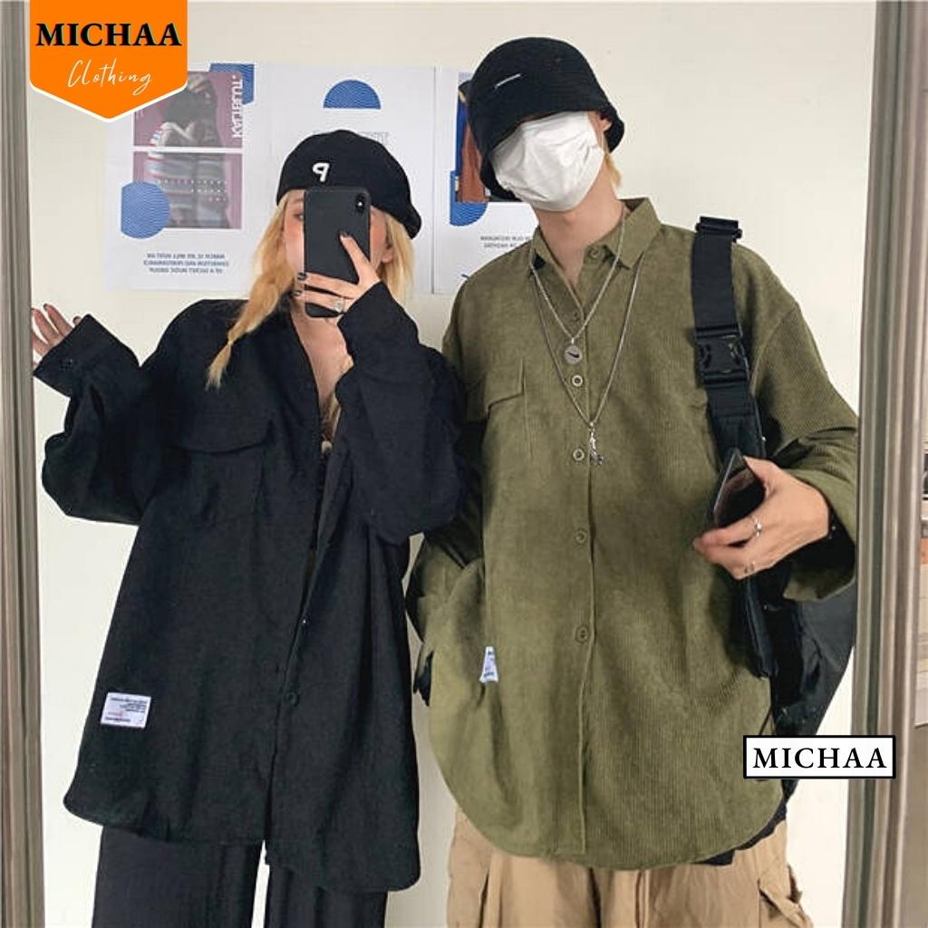 Áo Khoác Sơ Mi Nhung Tăm GẮN LOGO Nam Nữ Kiểu Basic Dài Tay, Áo Oversize Nhiều Màu MICHAA