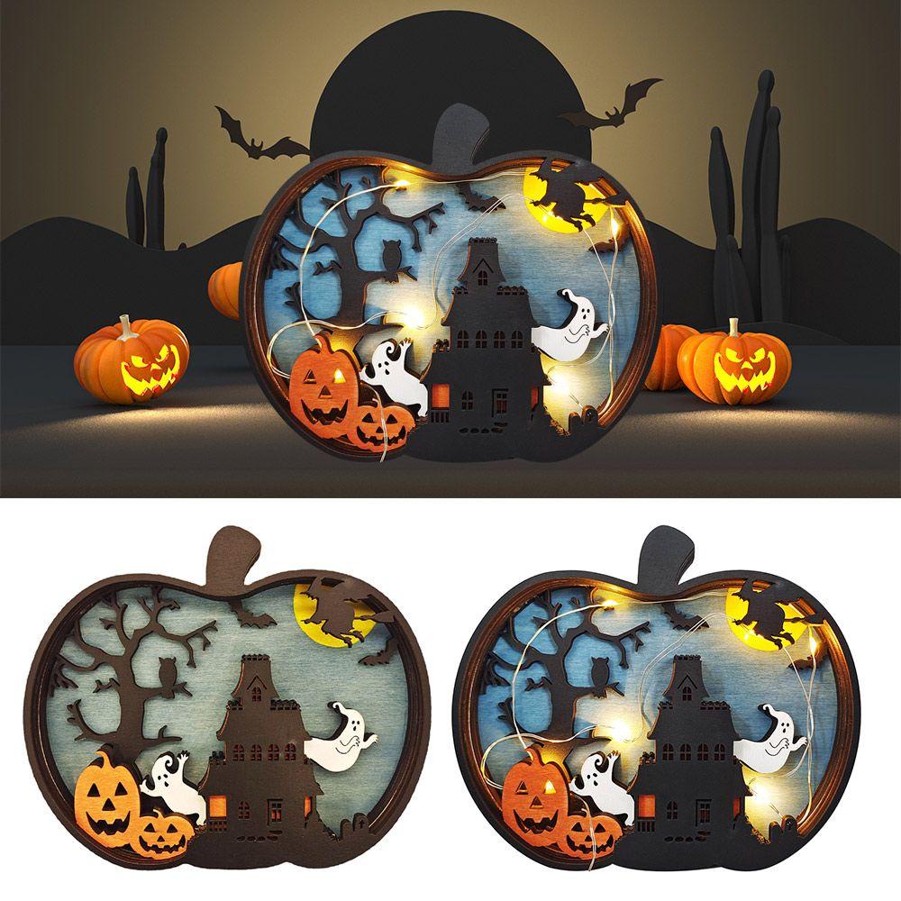 Đèn Trang Trí Halloween Hình Bí Ngô Bằng Gỗ Vui Nhộn
