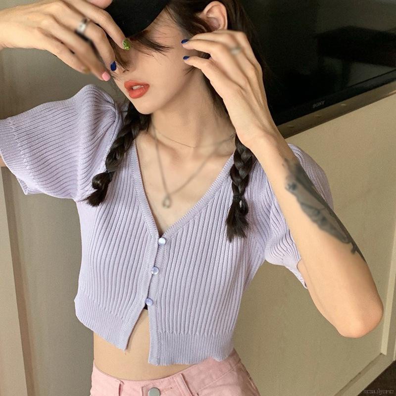 Áo Cardigan Dệt Kim Tay Ngắn Màu Sắc Đơn Giản Cho Phái Nữ | BigBuy360 - bigbuy360.vn