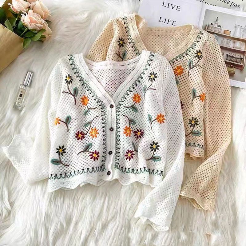 Áo Cardigan Dệt Kim Tay Dài Cổ Chữ V Thêu Họa Tiết Hoa Thời Trang Phong Cách Hàn Quốc Cho Nữ