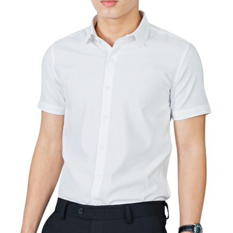 Áo sơ mi ngắn tay nam lụa trắng cao cấp chất dày dặn, co giãn nhẹ | BigBuy360 - bigbuy360.vn