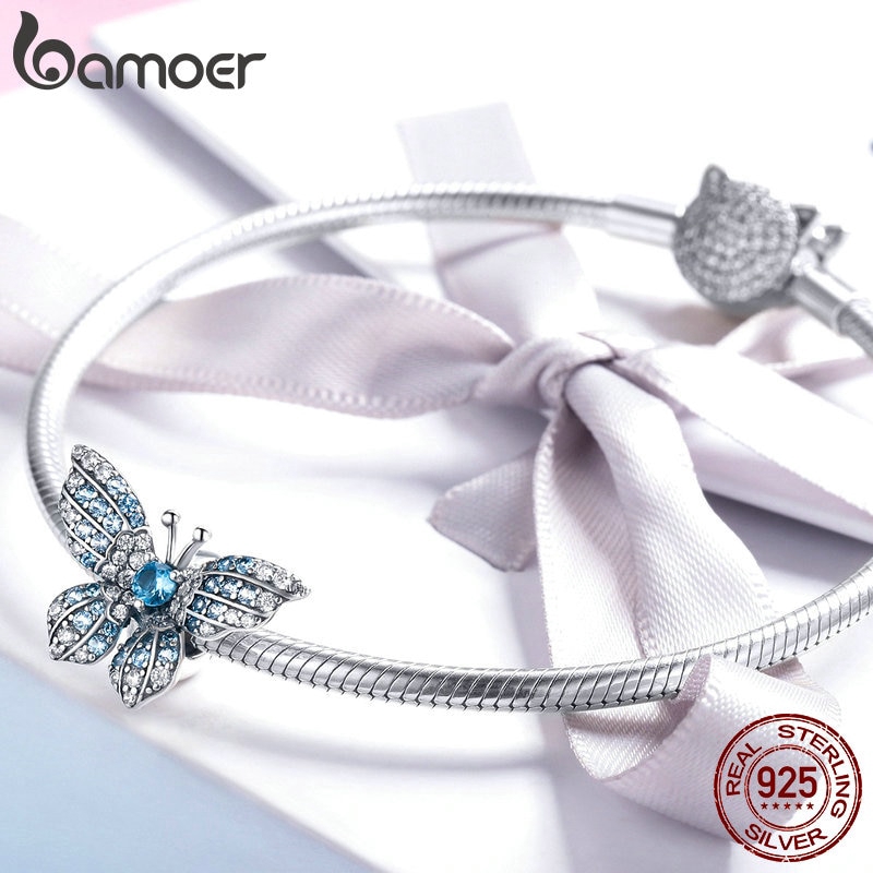 Phụ Kiện Hạt Bamoer Bằng Bạc 925 Dùng Làm Trang Sức Hình Cánh Bướm Đính Đá Màu Lam Thời Trang BSC061