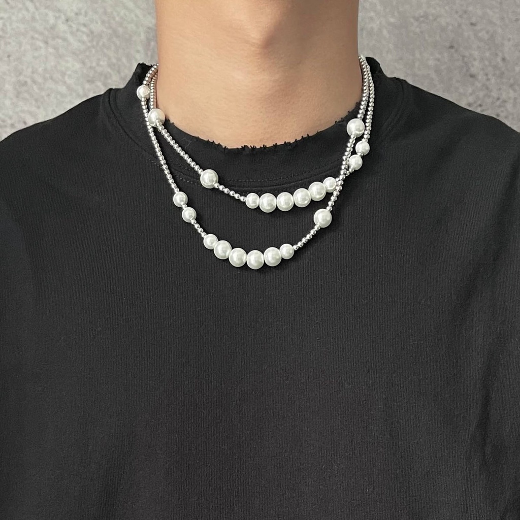 vòng cổ Thép Titan Đính Ngọc Trai Phong Cách Hip Hop Cá Tính