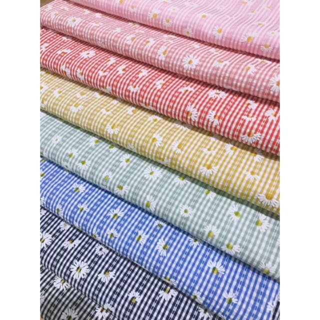 vải caro hoa cúc ánh nhũ may váy áo không cần lót