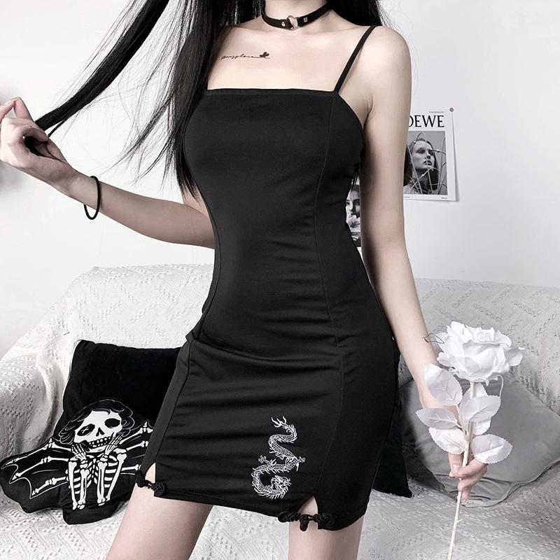 COD DUNEA Punk Style Dragon Print Strap Mini Dress Women Backless Sleeveless Dress