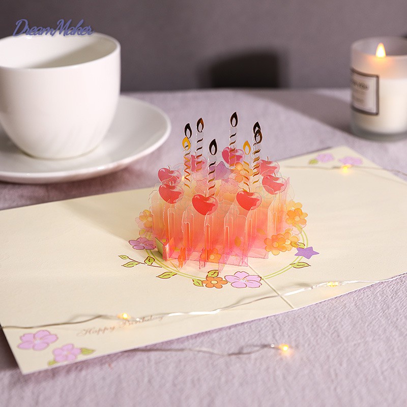 Pop Up Birthday Card Happy Birthday Greeting Card with 3D Birthday Cake Signature Paper Cute Printing 15.5*13cm Folded