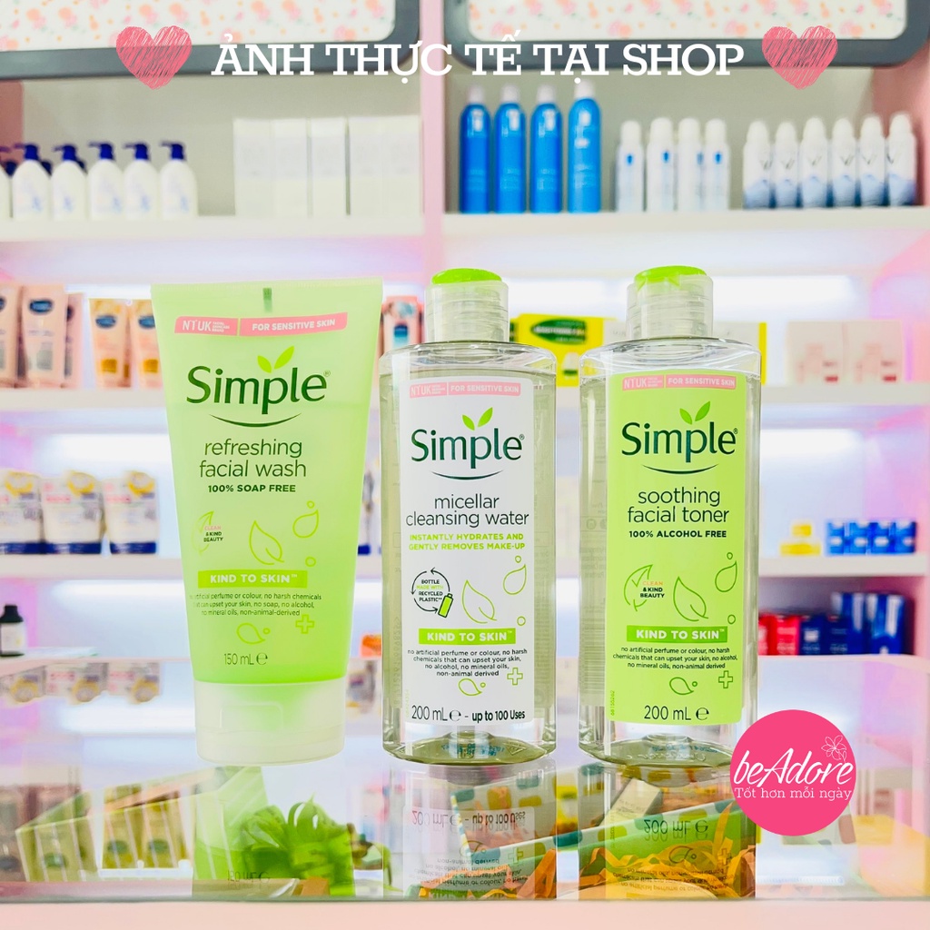 Combo Simple Tẩy trang 200ml + Sữa rửa mặt 150ml + Nước hoa hồng 200ml cho da sạch khỏe đàn hồi