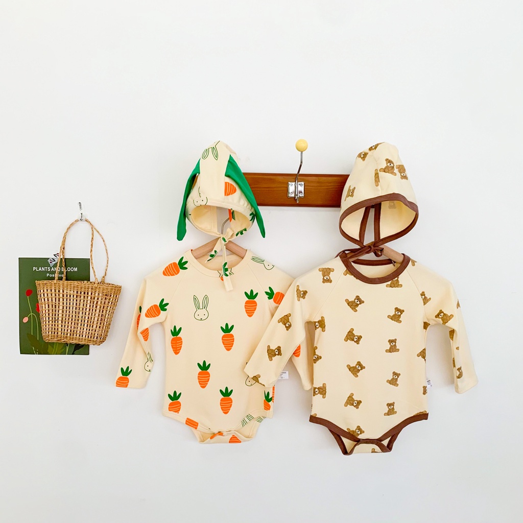 Bộ Áo Liền Quần Tay Dài + Nón Vải Cotton Họa Tiết Hoạt Hình Dễ Thương Cho Bé Sơ Sinh 0-24 Tháng Tuổi