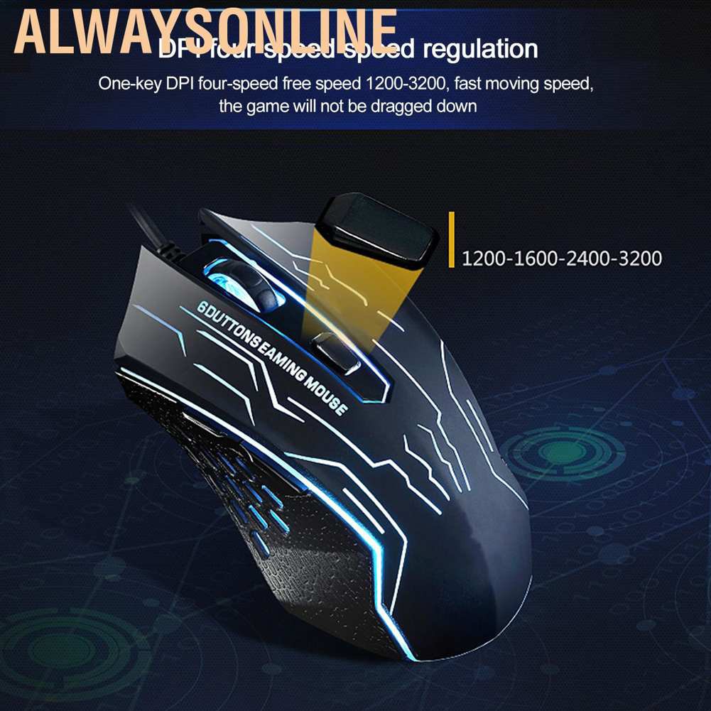 Chuột Gaming Alwaysonline Có Dây 1200 / 1600 / 2400 / 3200dpi Với 6 Phím Bấm