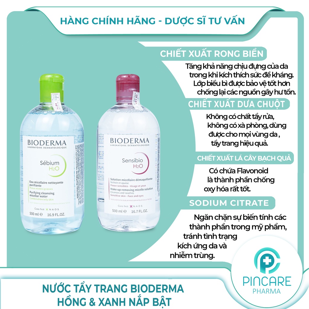 Nước tẩy trang Bioderma 500ml hồng &amp; xanh nắp bật - Có bill chính hãng - Nhà thuốc PinCare