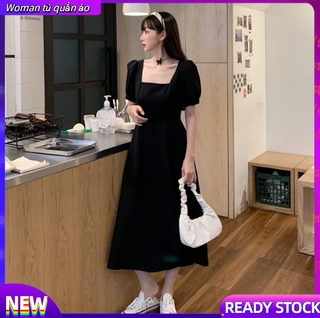 Đầm cổ vuông màu đen phong cách Retro Pháp cho nữ