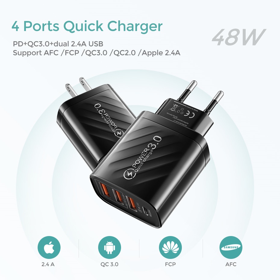 Củ Sạc Nhanh Twitch 3 Cổng Cắm USB 3.0 20WPD Với Phích Cắm EU / US Tùy Chọn