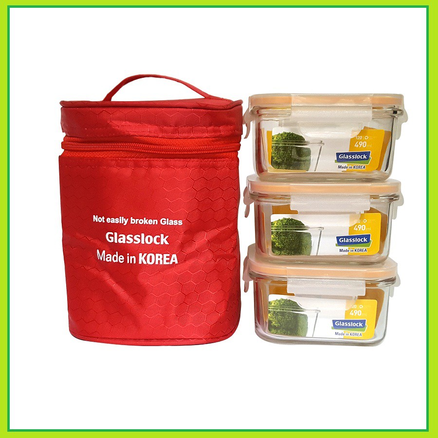 Bộ 3 hộp đựng cơm 490ml 🏵️ túi giữ nhiệt Glaslock