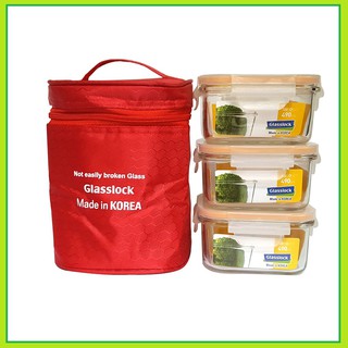 Bộ 3 hộp đựng cơm 490ml 🏵️ túi giữ nhiệt Glaslock