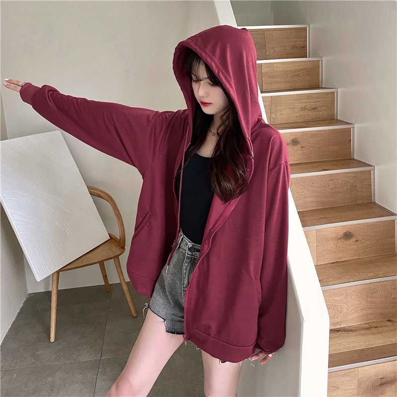 SUXI (MỚI) Áo hoodie nữ dáng rộng màu trơn có khoá kéo