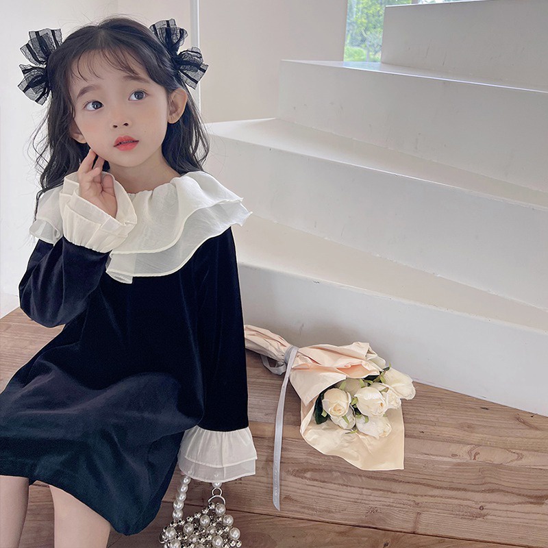 Đầm Nhung Mềm Mại Cổ Búp Bê Tay Phồng Phong Cách Hàn Quốc Cho Bé Gái