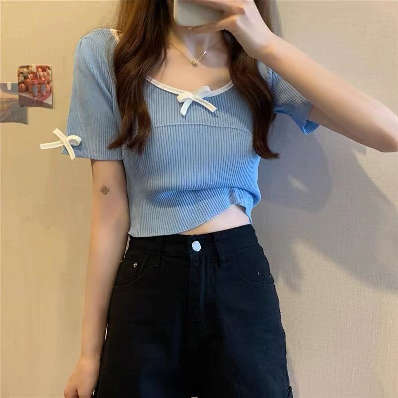 Áo Thun Dệt Kim Tay Ngắn Đính Nơ Xinh Xắn Cho Nữ 164541 Áo Croptop Dáng Ôm Thiết Kế Đơn Giản Hợp Thời Trang
