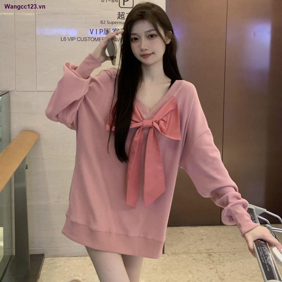 Áo sweater tay dài dáng rộng cổ chữ V thắt nơ thời trang mùa thu cho nữ