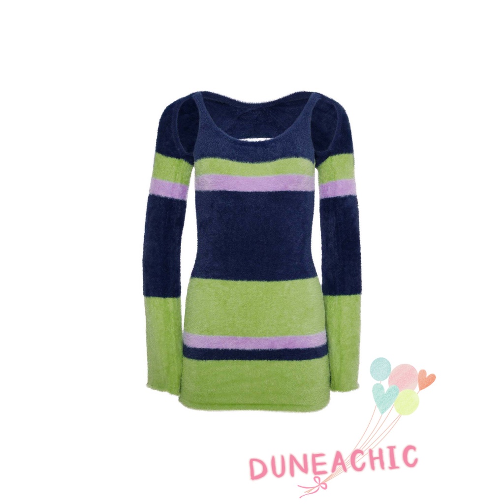 DUNEA Đầm Dệt Kim Trễ Vai Màu Sắc Tương Phản Thời Trang Quyến Rũ Cho Nữ