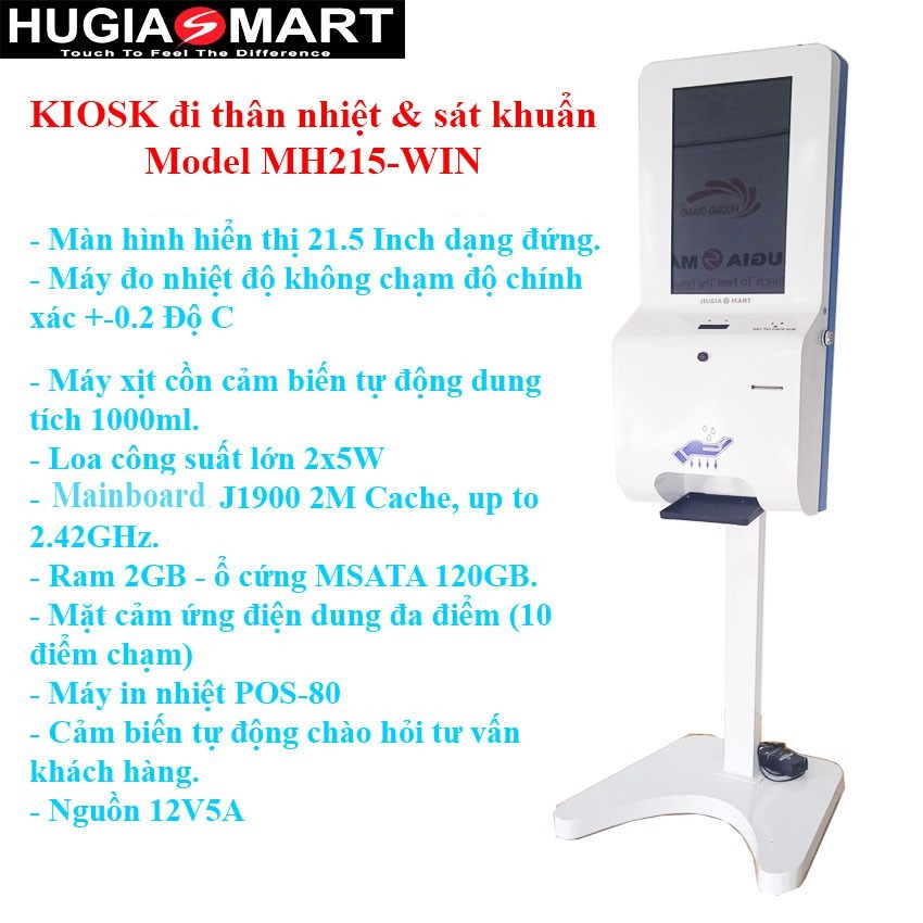 Máy sát khuẩn tự động ,máy đo thân nhiệt tích hợp màn hình quảng cáo ,tra cứu thông tin Hugiasmart Model MH215-WIN