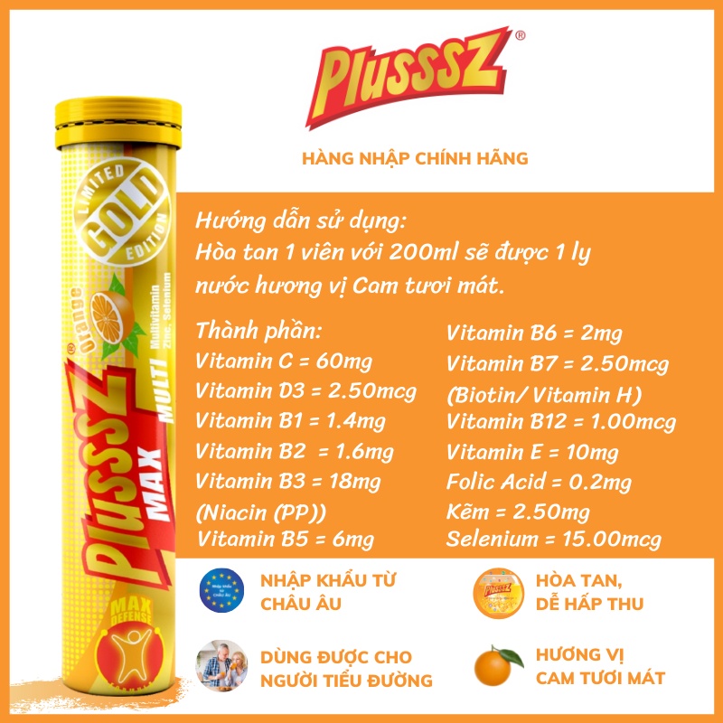 Viên sủi bổ sung vitamin c tăng đề kháng Plussz Max Multi vị Cam + Plusssz Max Vitamin C & ZinC vị chanh