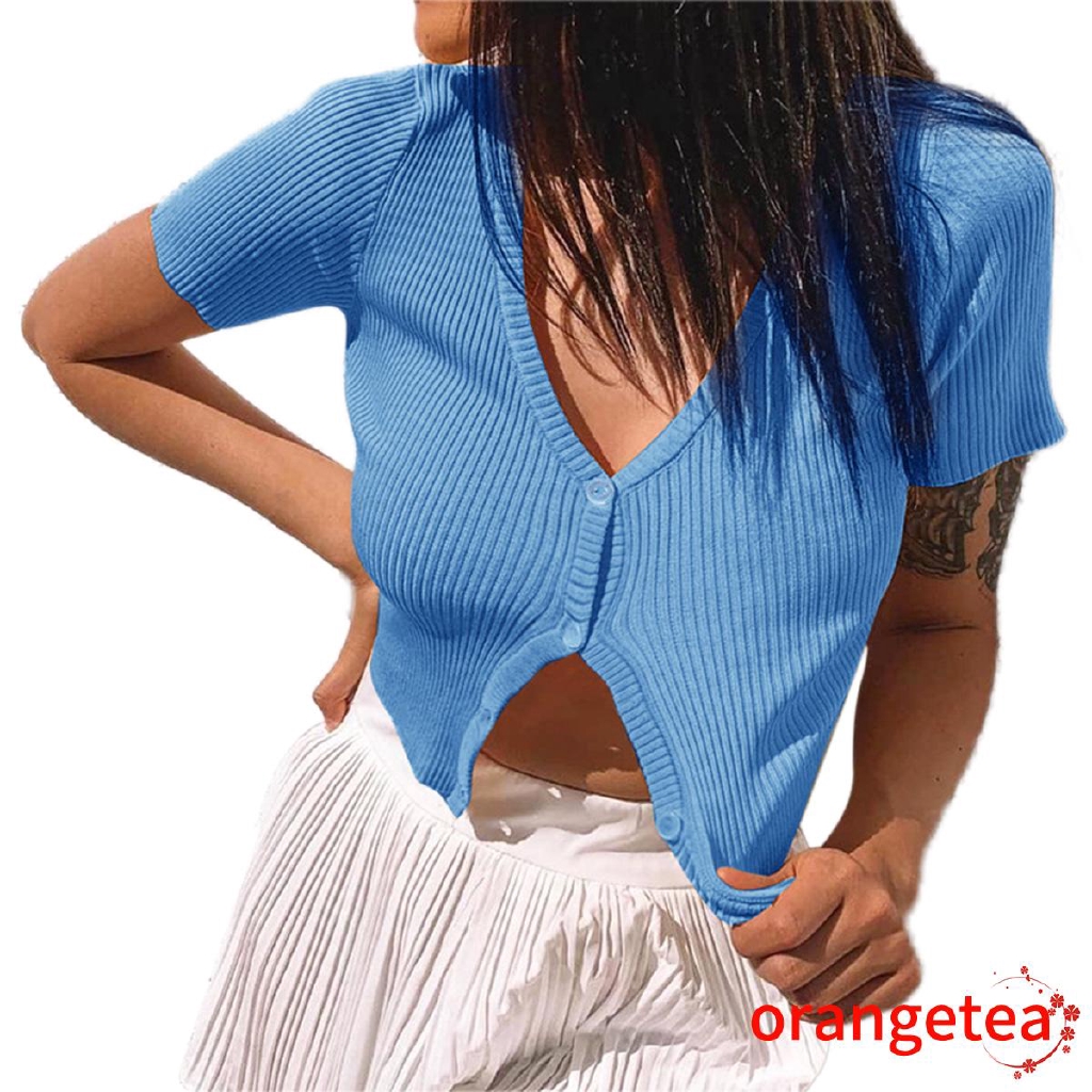 Áo Croptop Dệt Kim Tay Ngắn Cổ Chữ V Màu Sắc Trẻ Trung Xinh Xắn Dành Cho Nữ