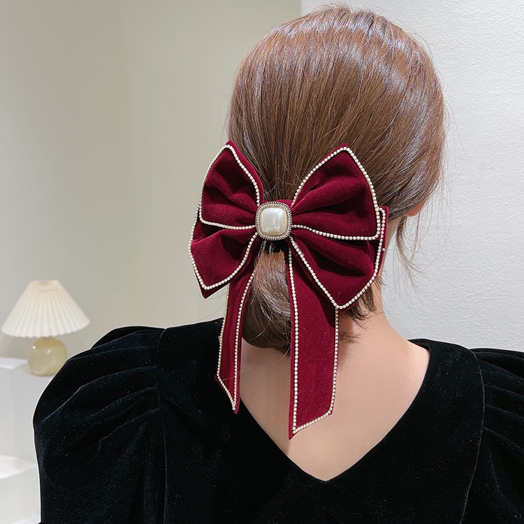 Kẹp Tóc Nơ Hai Lớp Đính Đá Và Ngọc Trai Xinh Xắn Cho Nữ