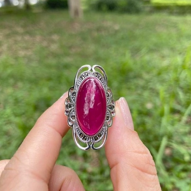 N015 Nhẫn Nữ Oval To Bản chất liệu đá và bạc thái