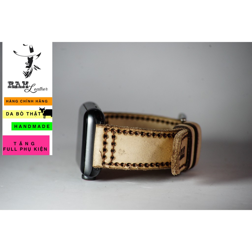 Dây đồng hồ Apple Watch , Iwatch , Iphone Watch Da Bò Italia Vegtan Kiểu Phi Công RAM Leather Pilot Trắng  Bền Đẹp