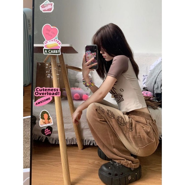 Quần bò nâu ống rộng loang cực chất ulzzang sẵn sz S