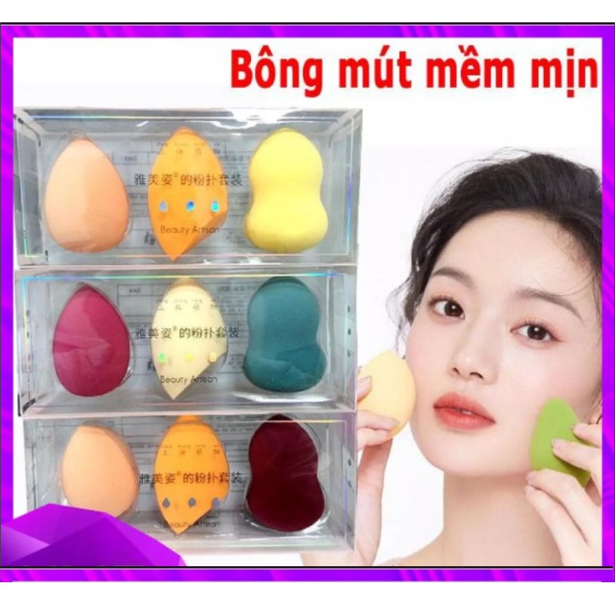 Combo 3 bông mút tán phấn trong hộp đựng sang trọng