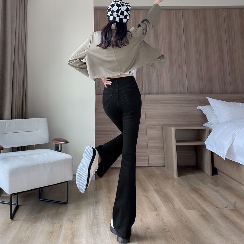 Jiashucheng Quần Jean Nữ Ống Loe Lưng Cao Co Dãn Màu Đen