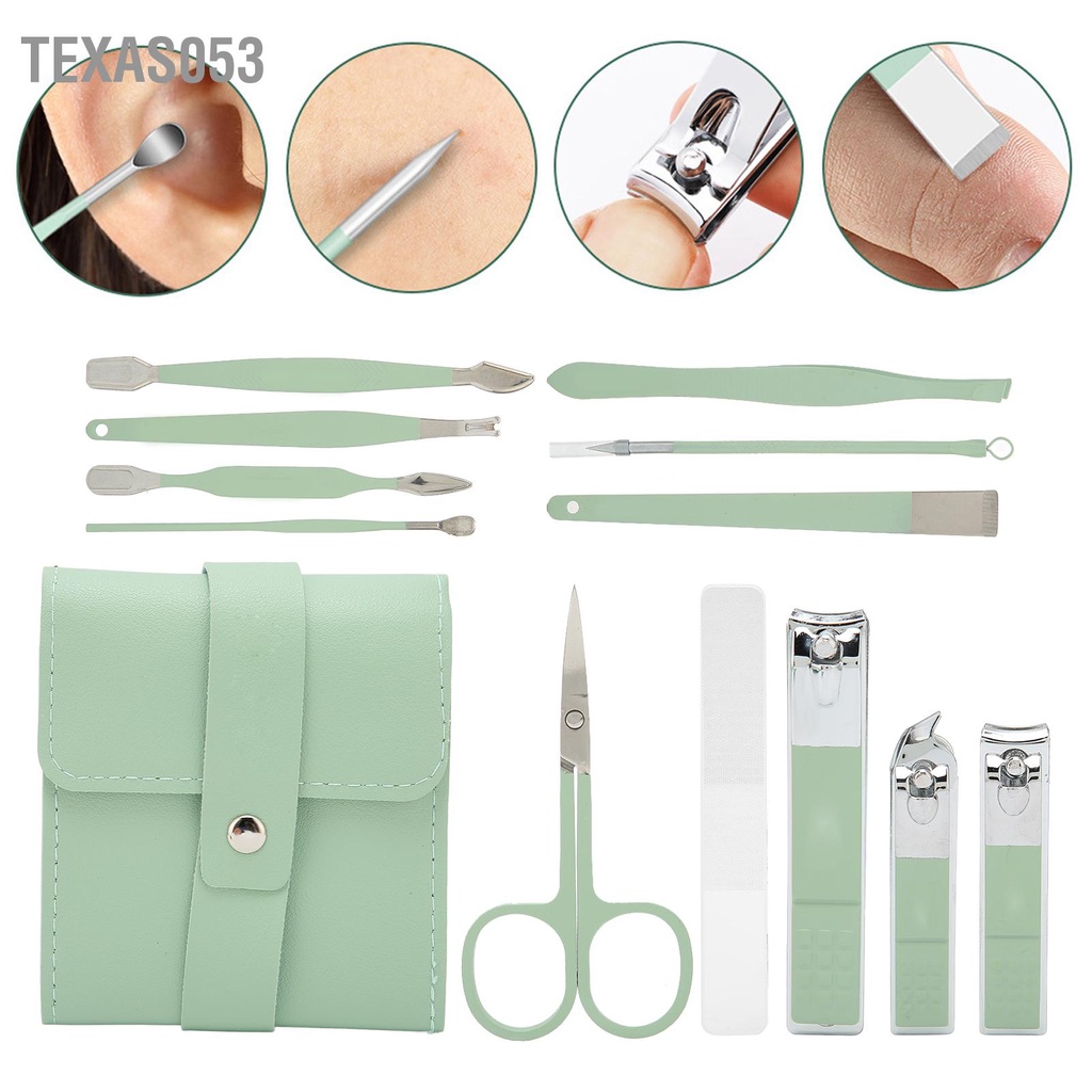 Texas053 12 cái Bộ làm móng tay bằng thép không gỉ chân con dao kéo lông mày Earpick Nail Clipper Set (Mint Green)
