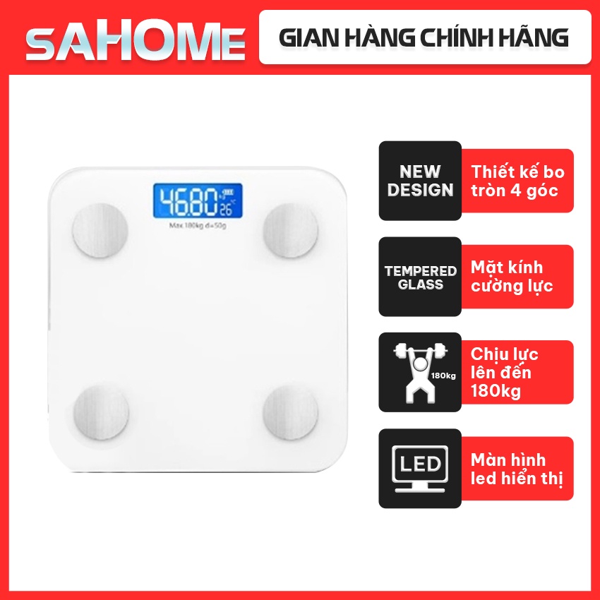 Cân Điện Tử Bluetooth Màu Trắng Sạc Pin SH31 Cân Đồng Bộ Với App Tiếng Việt Trên Smartphone Phân Tích Sức khỏe Sahome