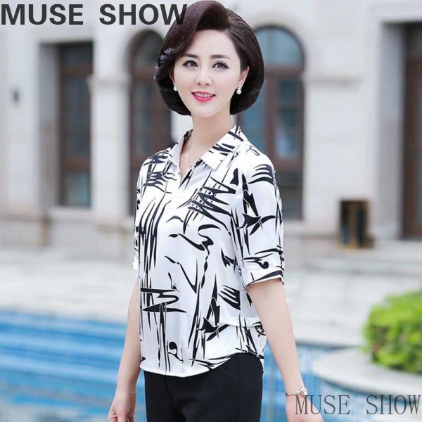 Áo Kiểu chiffon Ngắn Tay Thời Trang Cho Phụ Nữ Trung Niên