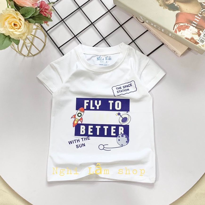 Áo thun ngắn tay bé trai in hình tên lửa chất liệu thun cotton 100% co giản 4 chiều mềm mịn mát cho bé từ 8-36 kg