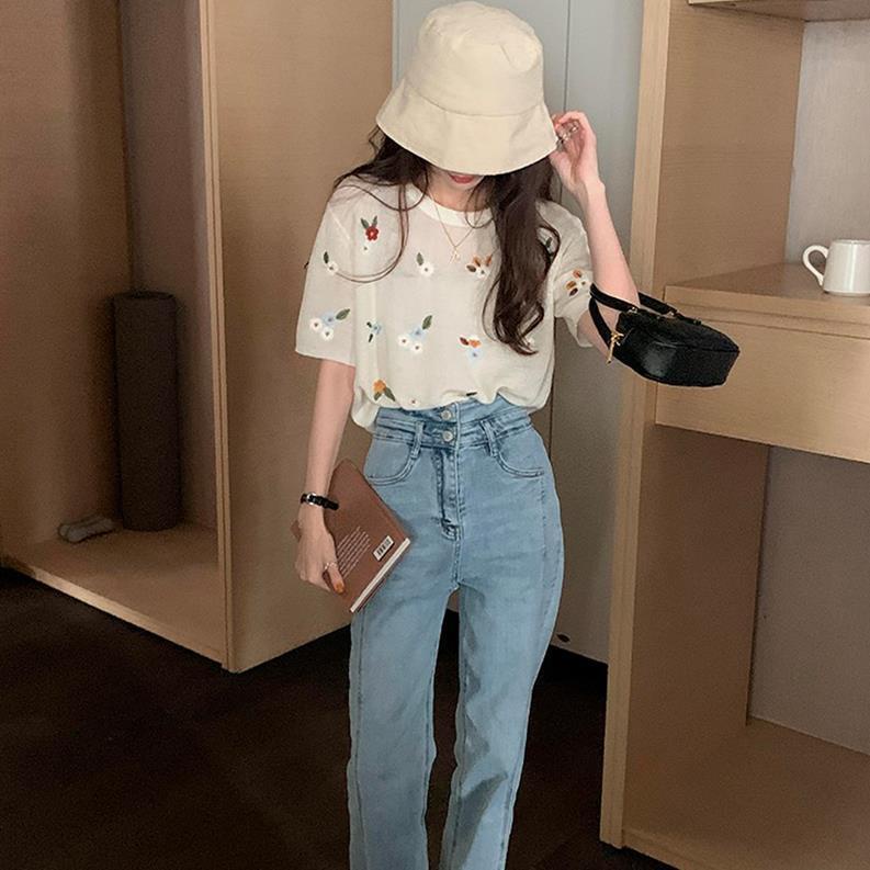 Áo Thun Lụa Dệt Kim Mỏng Dáng Rộng Tay Ngắn In Hoa Nhỏ Thời Trang Mùa Hè Cho Nữ