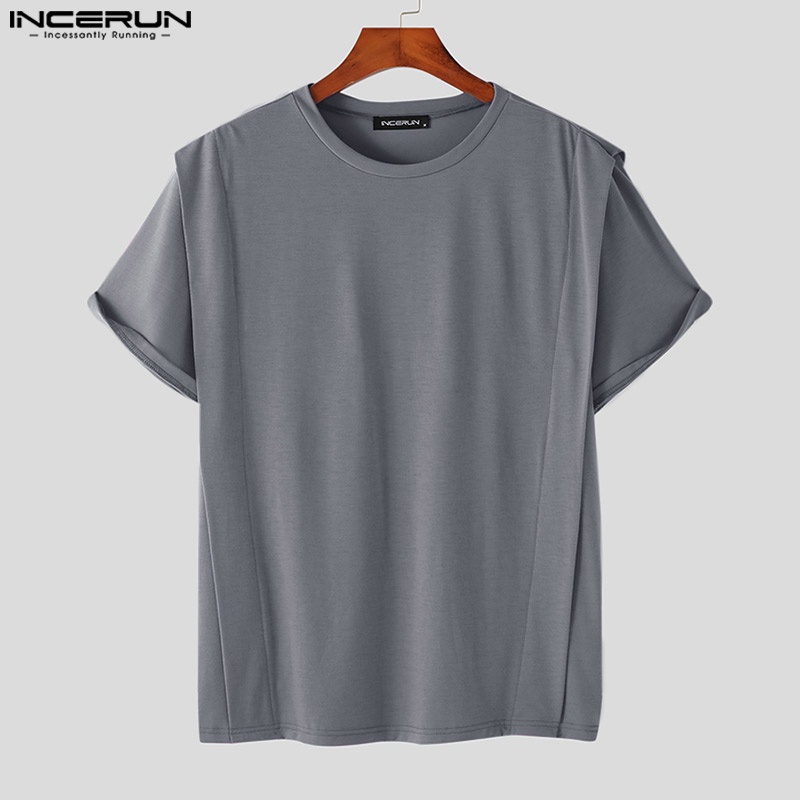 Áo thun INCERUN tay ngắn cổ tròn giả hai lớp màu sắc đơn giản thời trang cho nam giới